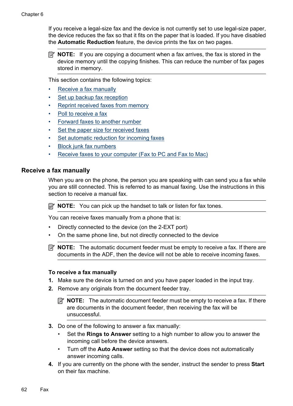 Receive a fax manually | HP Officejet 6500 User Manual | Page 66 / 294