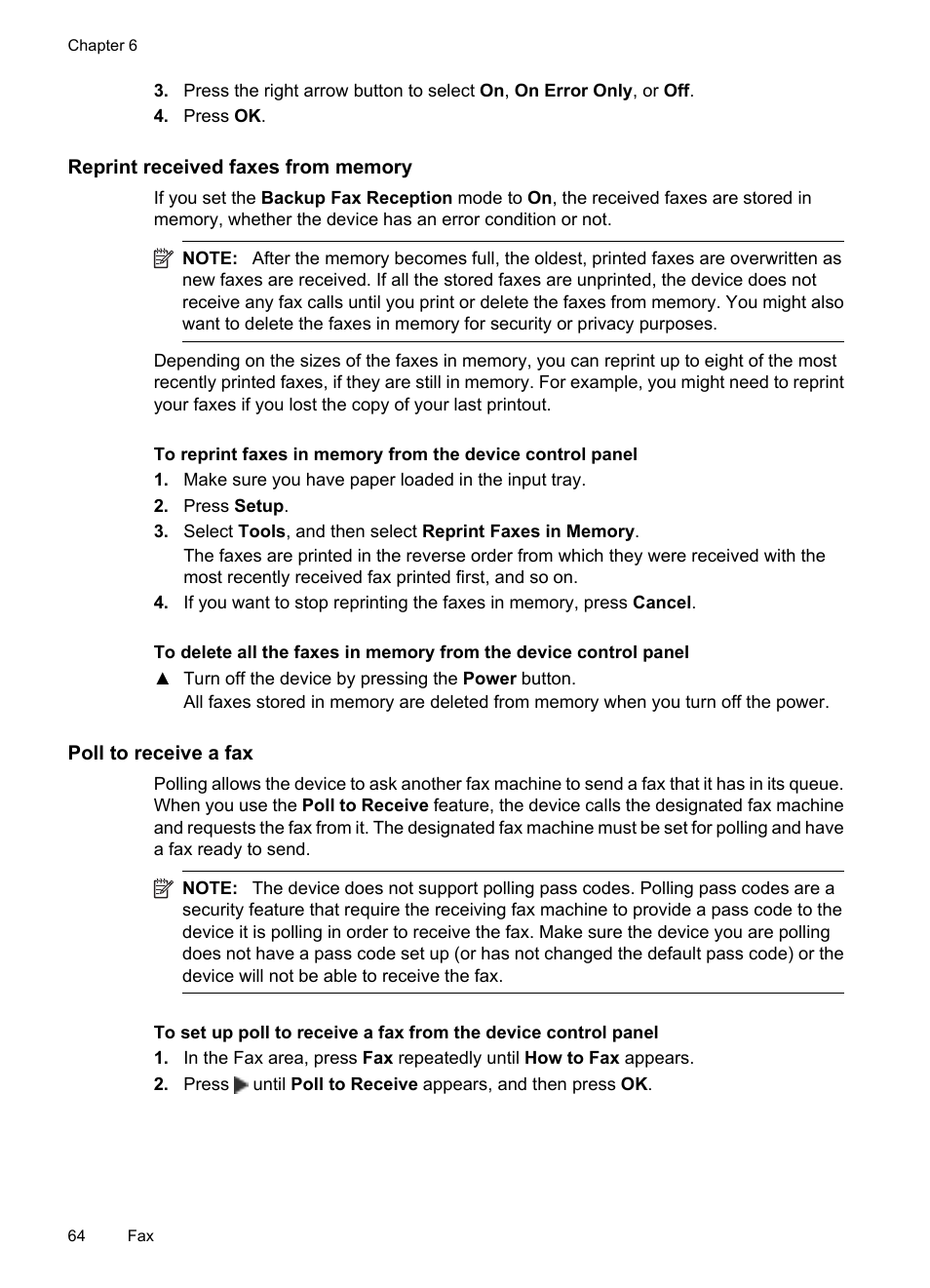 Reprint received faxes from memory, Poll to receive a fax | HP Officejet 6500 User Manual | Page 68 / 294