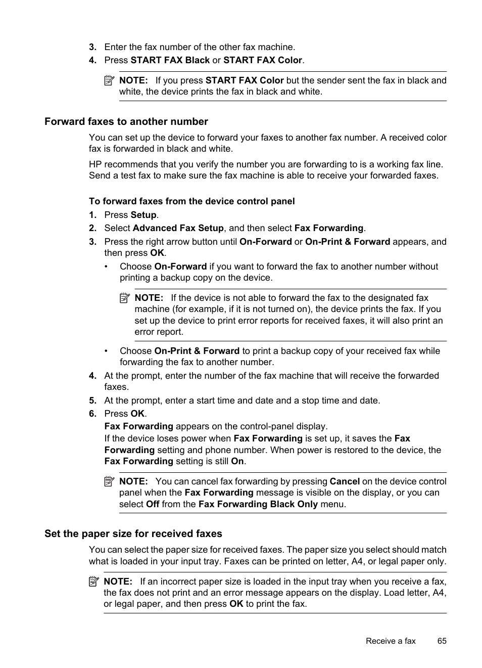 Forward faxes to another number, Set the paper size for received faxes | HP Officejet 6500 User Manual | Page 69 / 294