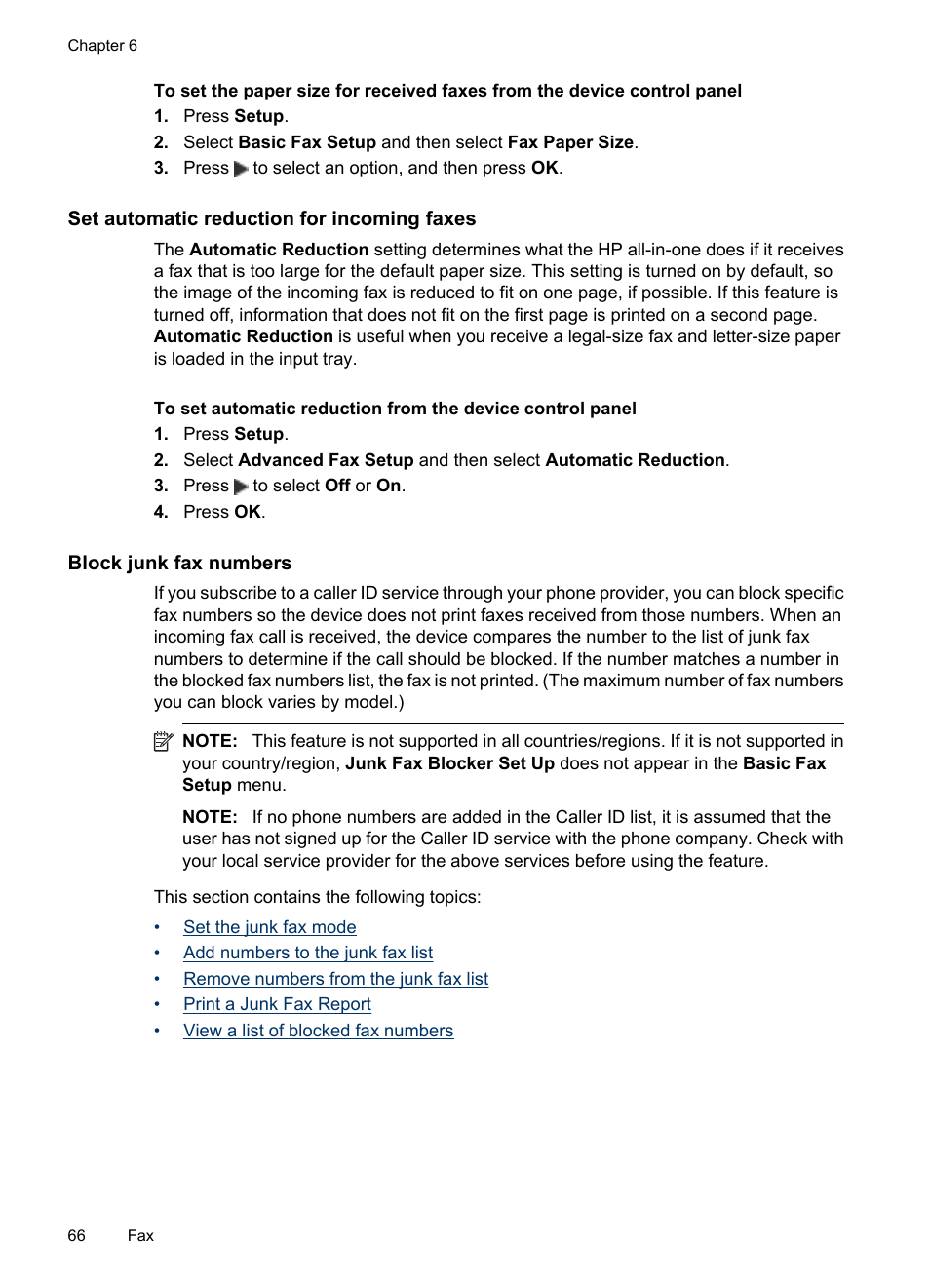 Set automatic reduction for incoming faxes, Block junk fax numbers | HP Officejet 6500 User Manual | Page 70 / 294