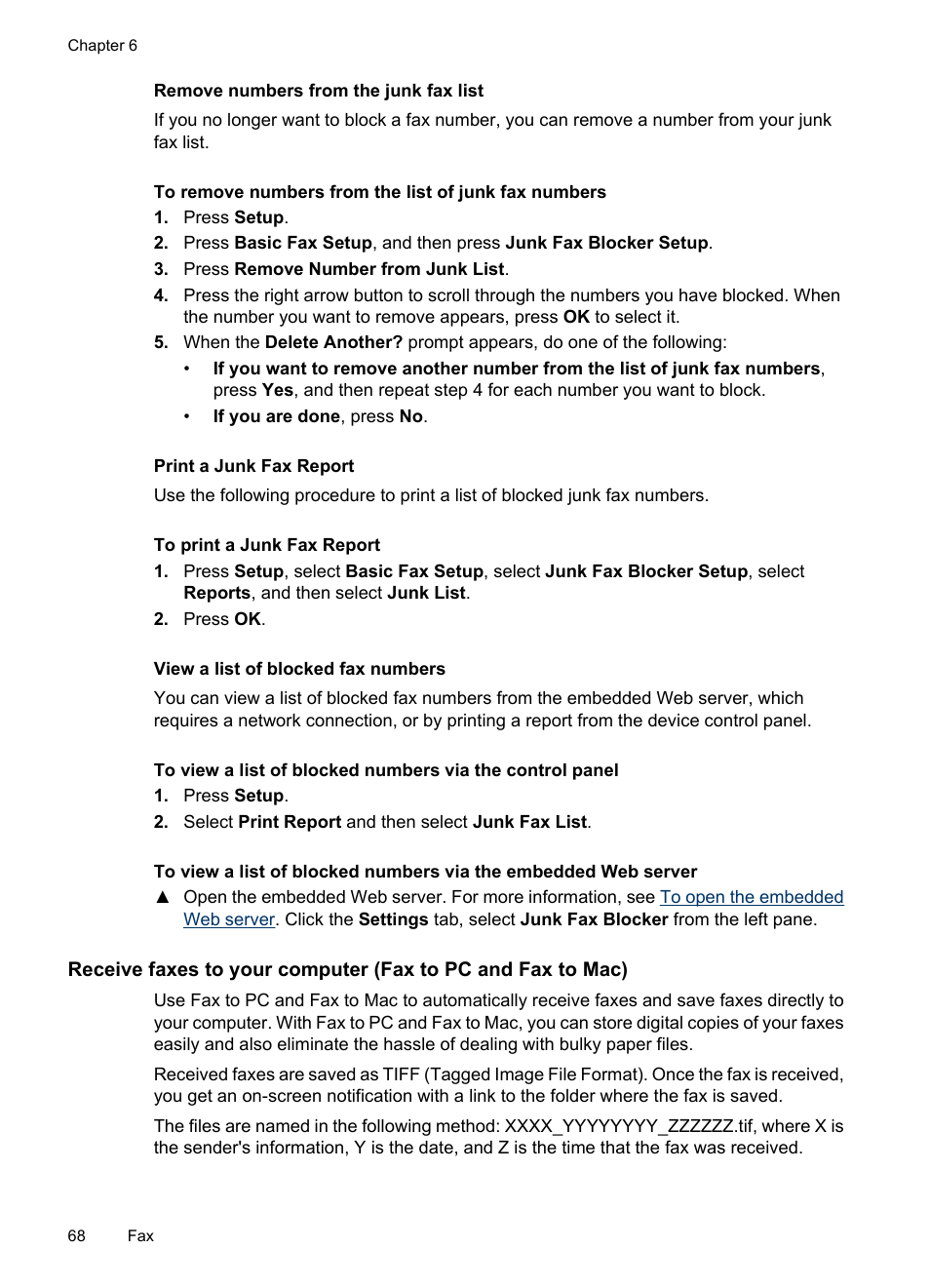 Remove numbers from the junk fax list, Print a junk fax report, View a list of blocked fax numbers | HP Officejet 6500 User Manual | Page 72 / 294