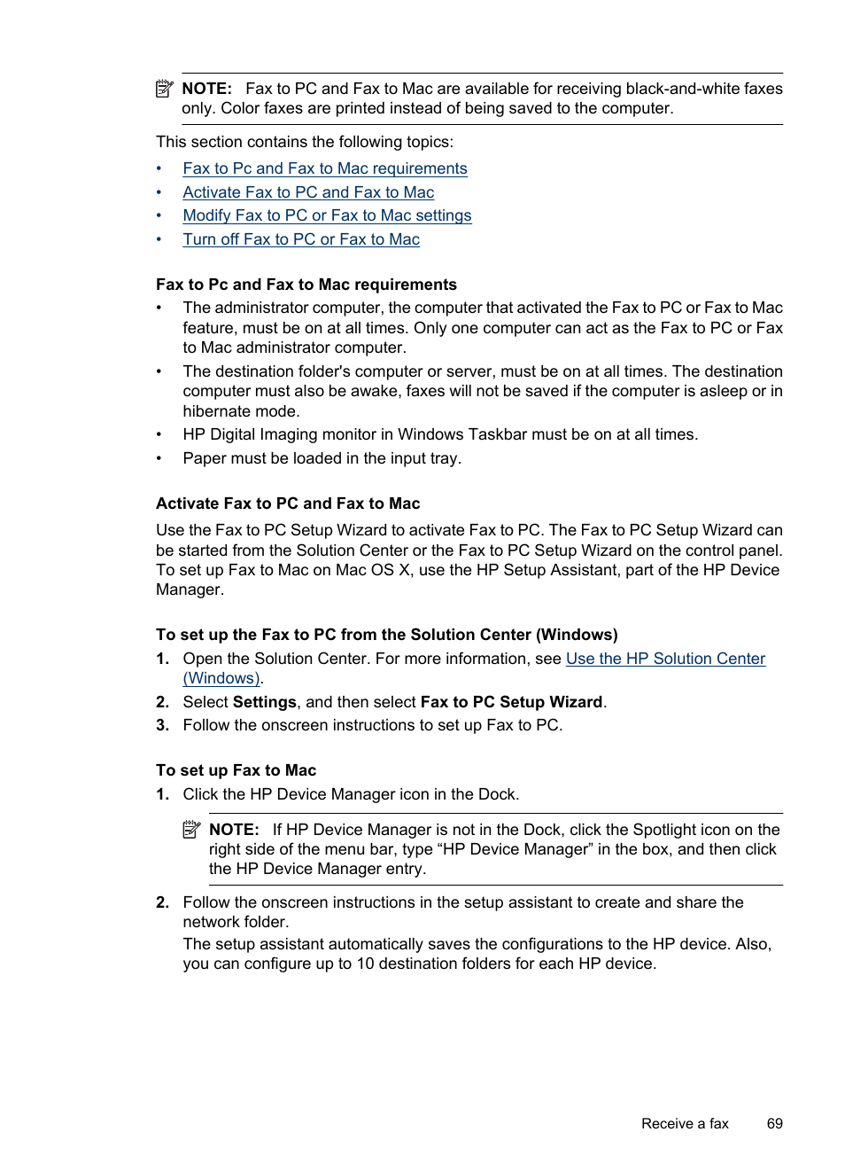 Fax to pc and fax to mac requirements, Activate fax to pc and fax to mac | HP Officejet 6500 User Manual | Page 73 / 294