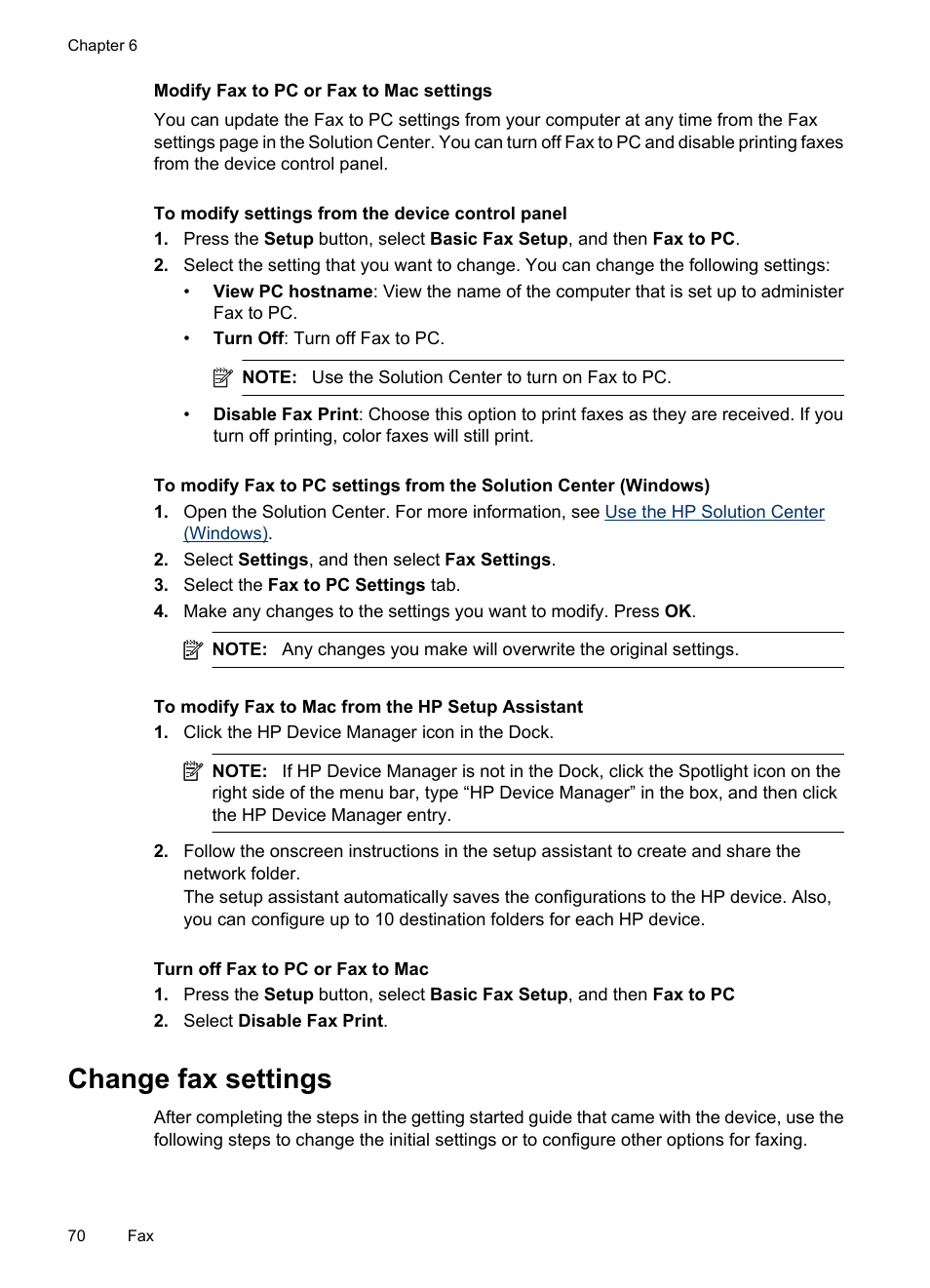 Modify fax to pc or fax to mac settings, Turn off fax to pc or fax to mac, Change fax settings | HP Officejet 6500 User Manual | Page 74 / 294