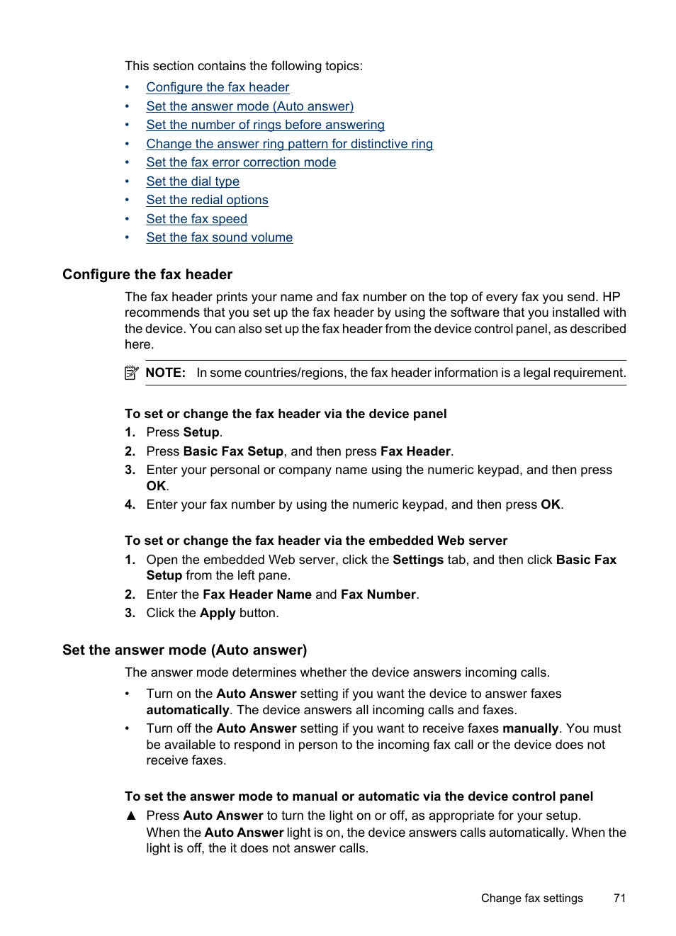 Configure the fax header, Set the answer mode (auto answer) | HP Officejet 6500 User Manual | Page 75 / 294