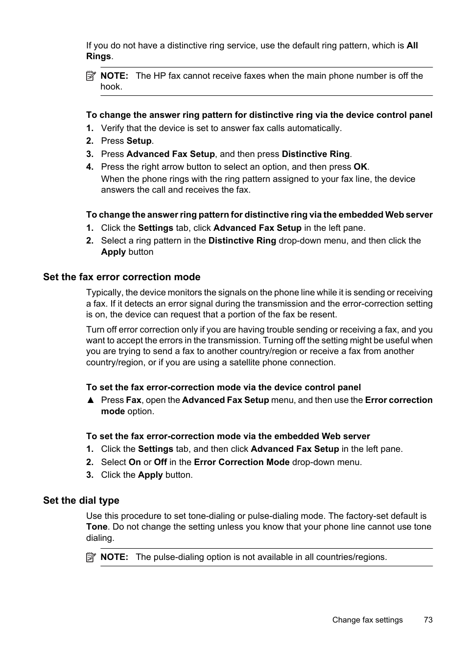 Set the fax error correction mode, Set the dial type | HP Officejet 6500 User Manual | Page 77 / 294