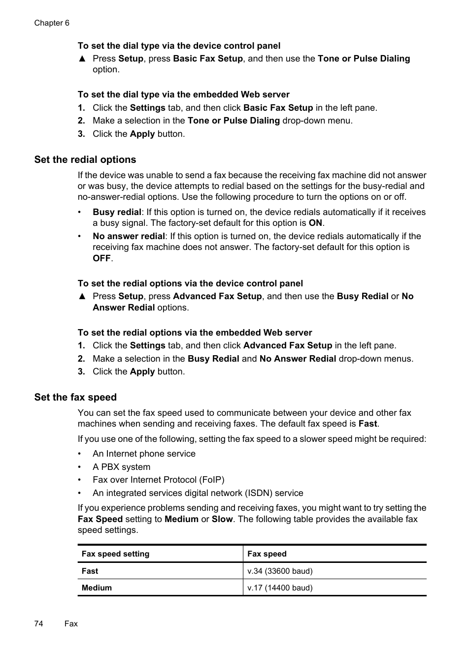 Set the redial options, Set the fax speed | HP Officejet 6500 User Manual | Page 78 / 294