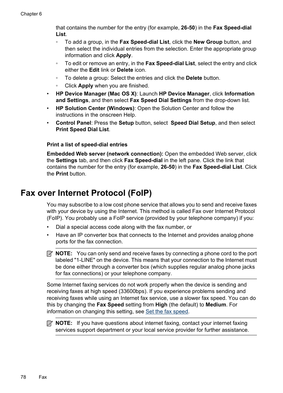Print a list of speed-dial entries, Fax over internet protocol (foip) | HP Officejet 6500 User Manual | Page 82 / 294