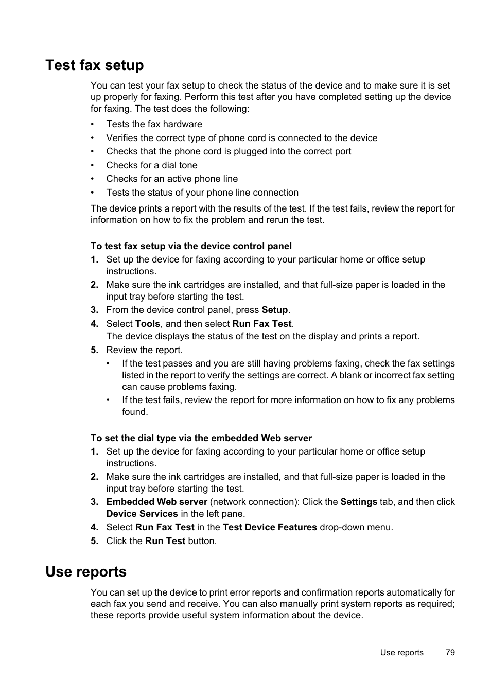 Test fax setup, Use reports, Test fax setup use reports | HP Officejet 6500 User Manual | Page 83 / 294