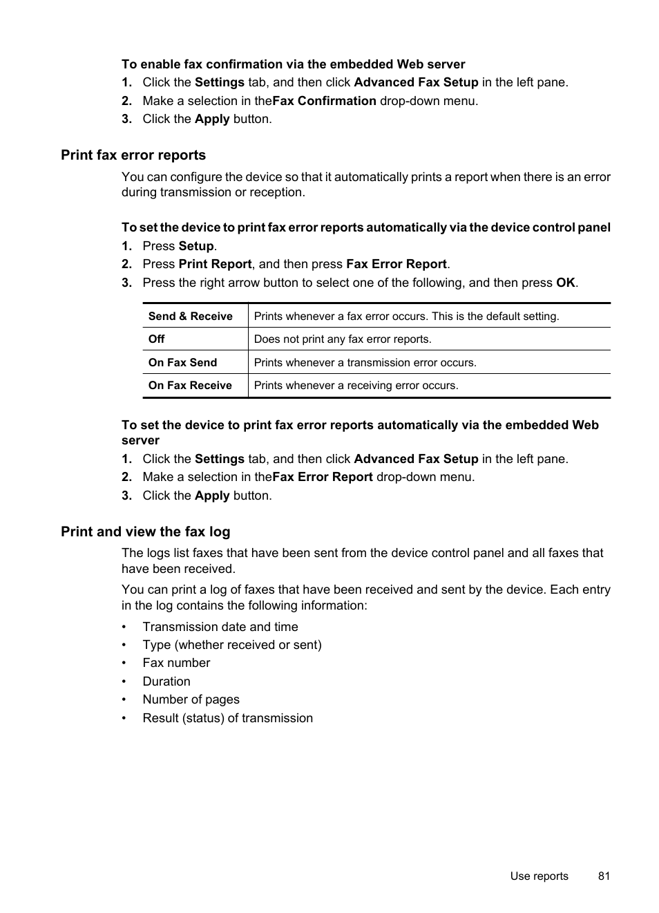 Print fax error reports, Print and view the fax log | HP Officejet 6500 User Manual | Page 85 / 294