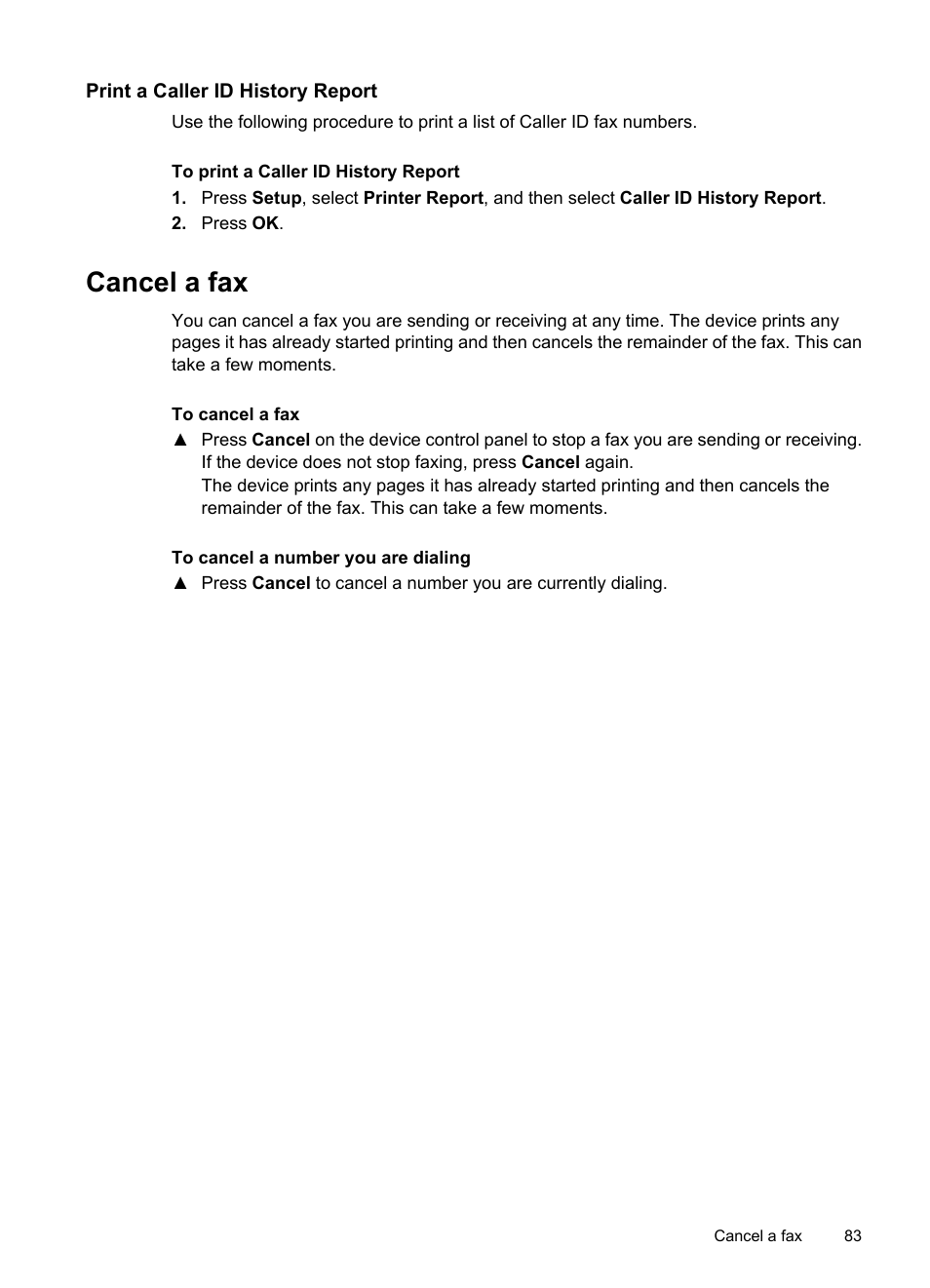 Print a caller id history report, Cancel a fax | HP Officejet 6500 User Manual | Page 87 / 294