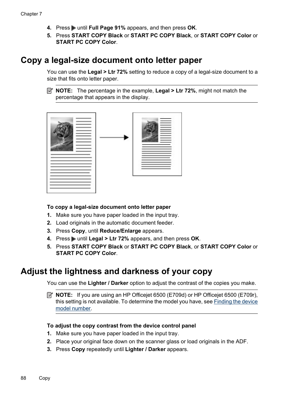 Copy a legal-size document onto letter paper, Adjust the lightness and darkness of your copy | HP Officejet 6500 User Manual | Page 92 / 294