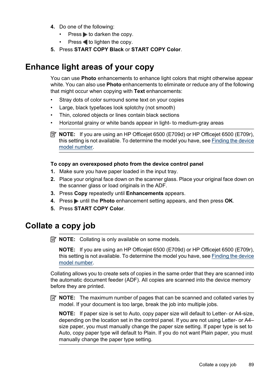 Enhance light areas of your copy, Collate a copy job | HP Officejet 6500 User Manual | Page 93 / 294