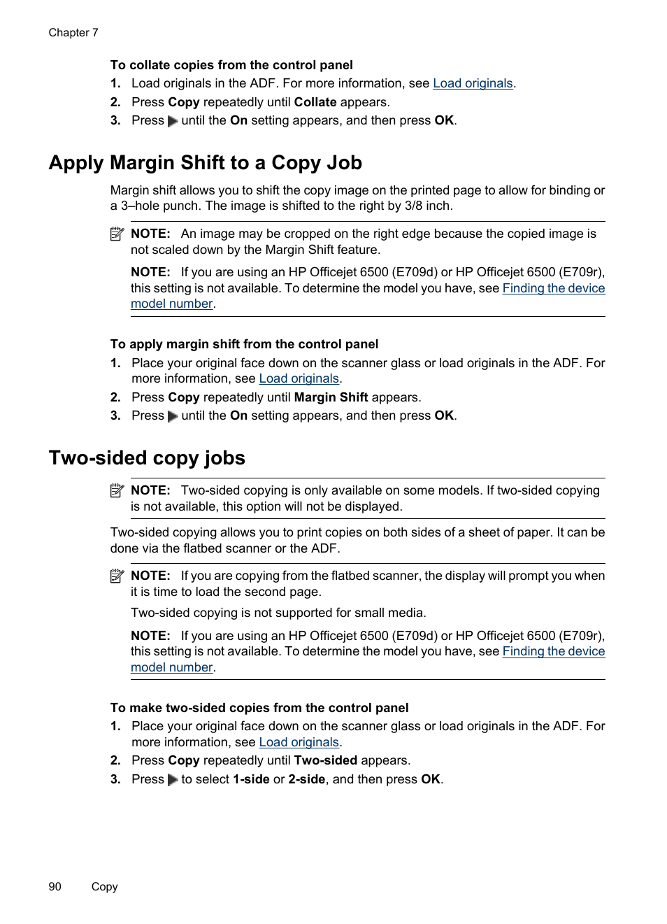 Apply margin shift to a copy job, Two-sided copy jobs | HP Officejet 6500 User Manual | Page 94 / 294