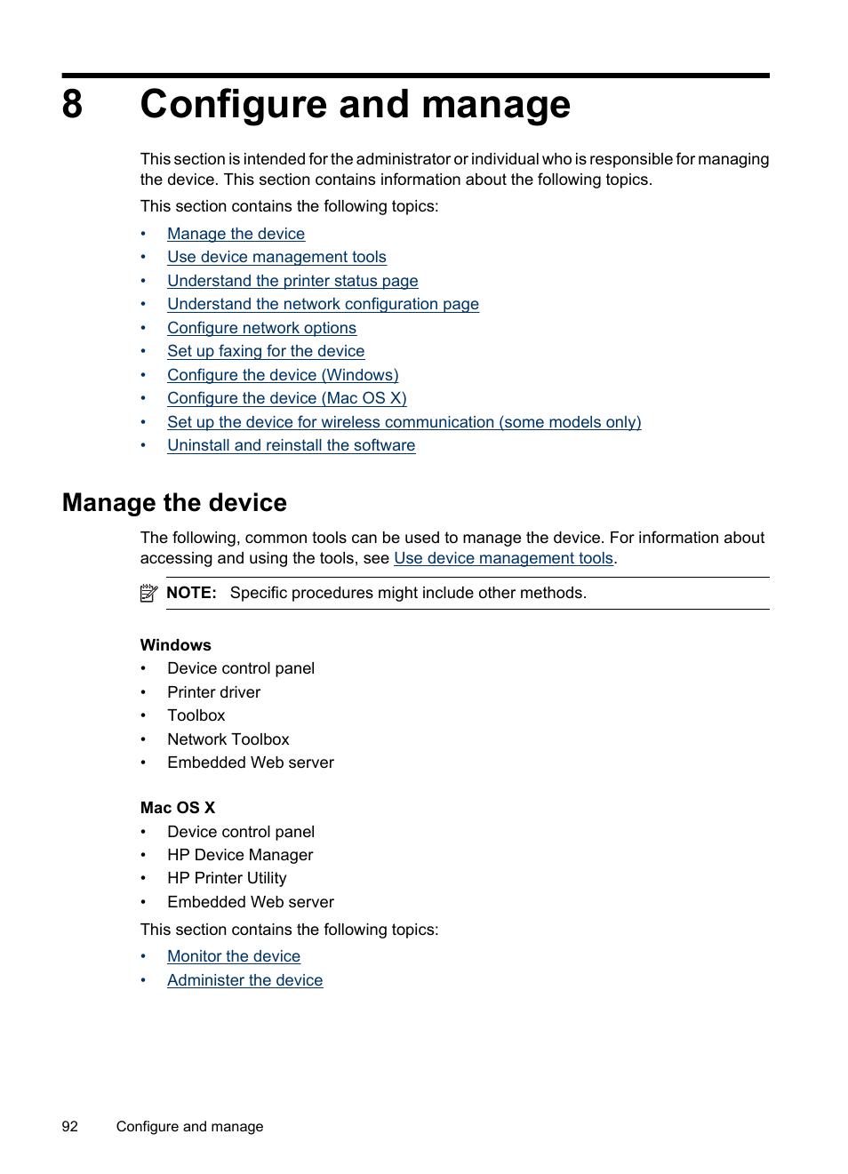 Configure and manage, Manage the device, 8 configure and manage | Monitor the device administer the device, 8configure and manage | HP Officejet 6500 User Manual | Page 96 / 294