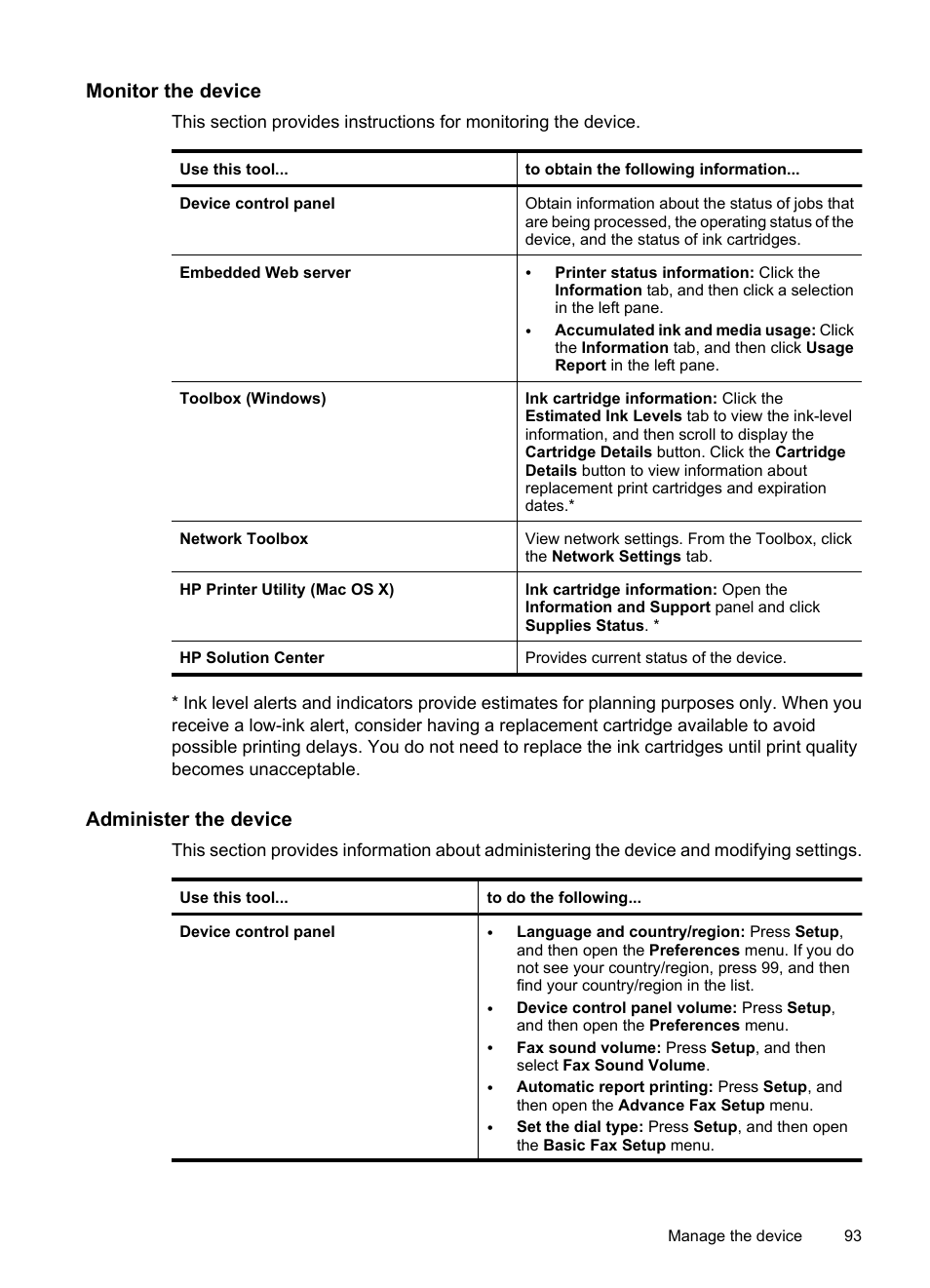 Monitor the device, Administer the device | HP Officejet 6500 User Manual | Page 97 / 294