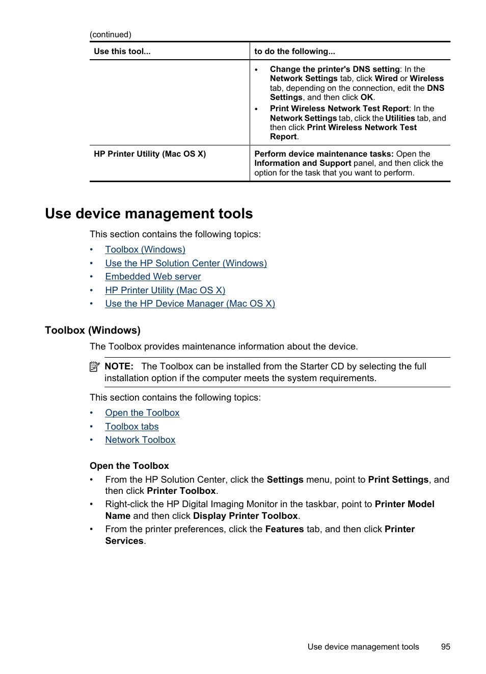 Use device management tools, Toolbox (windows), Open the toolbox | Open the toolbox toolbox tabs network toolbox, Hp printer utility (mac os x), Use the hp device manager (mac os x) | HP Officejet 6500 User Manual | Page 99 / 294