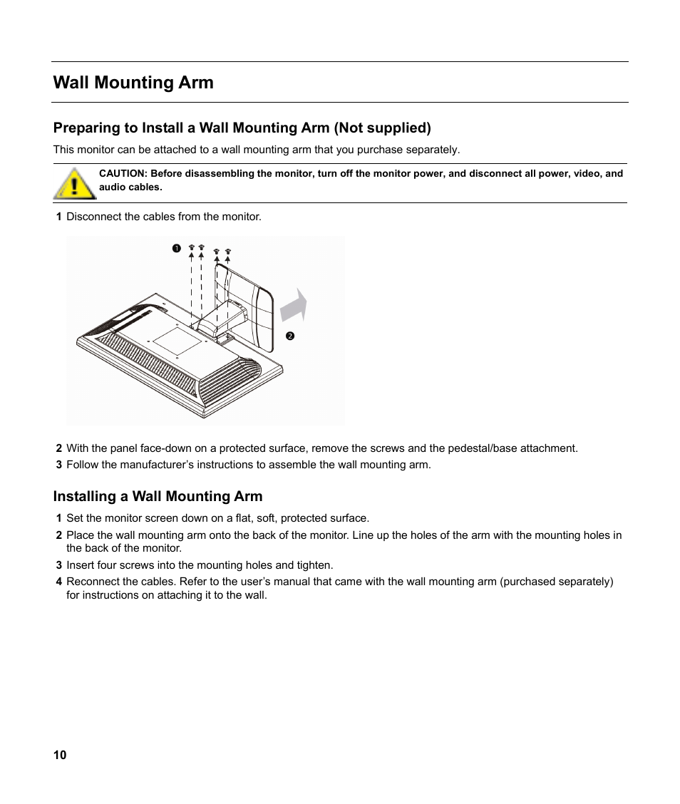 Wall mounting arm, Installing a wall mounting arm | HP v185w 18.5-inch Widescreen LCD Monitor User Manual | Page 10 / 31