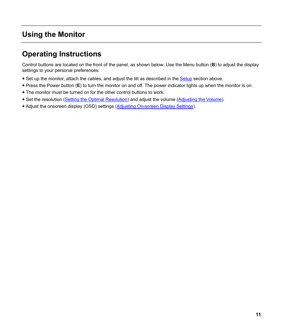 Using the monitor, Operating instructions | HP v185w 18.5-inch Widescreen LCD Monitor User Manual | Page 11 / 31