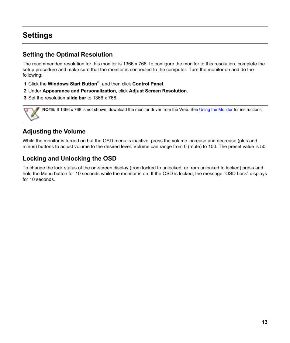 Setting the optimal resolution, Adjusting the volume, Settings | Locking and unlocking the osd | HP v185w 18.5-inch Widescreen LCD Monitor User Manual | Page 13 / 31