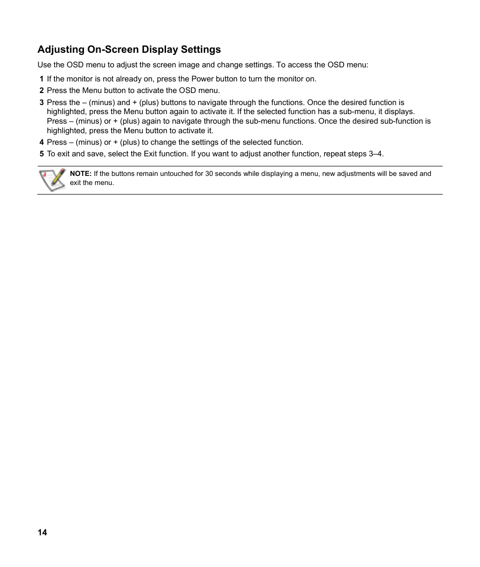 Adjusting on-screen display settings | HP v185w 18.5-inch Widescreen LCD Monitor User Manual | Page 14 / 31