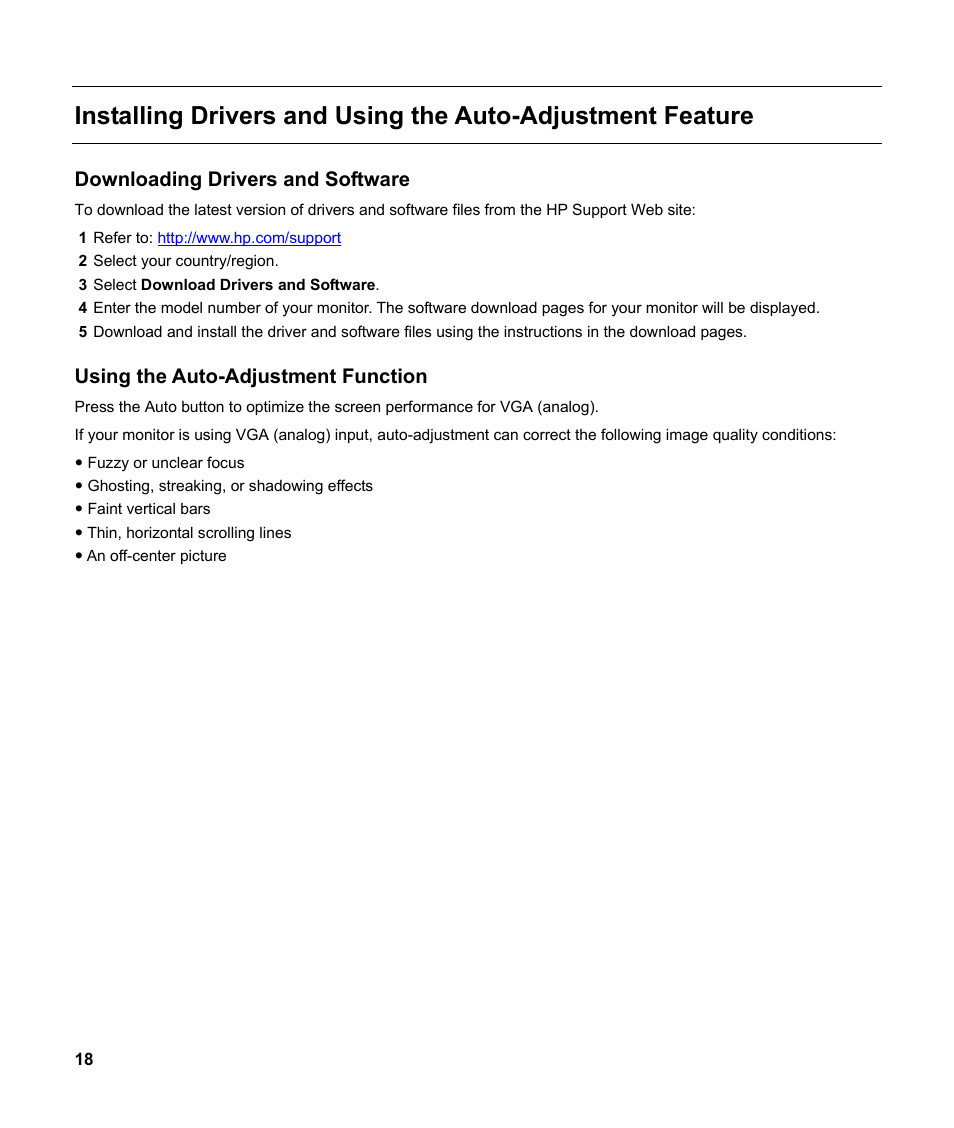 Downloading drivers and software, Using the auto-adjustment function | HP v185w 18.5-inch Widescreen LCD Monitor User Manual | Page 18 / 31