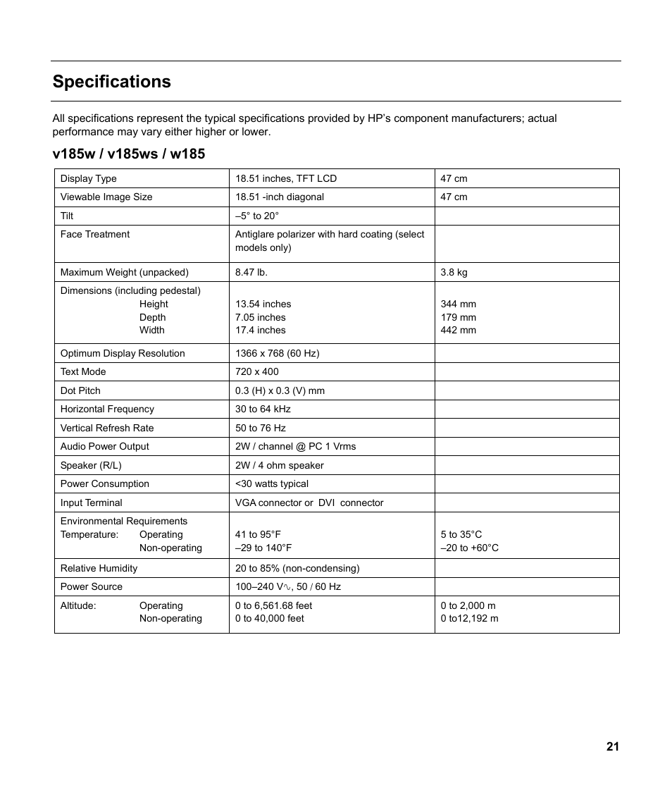 Specifications | HP v185w 18.5-inch Widescreen LCD Monitor User Manual | Page 21 / 31