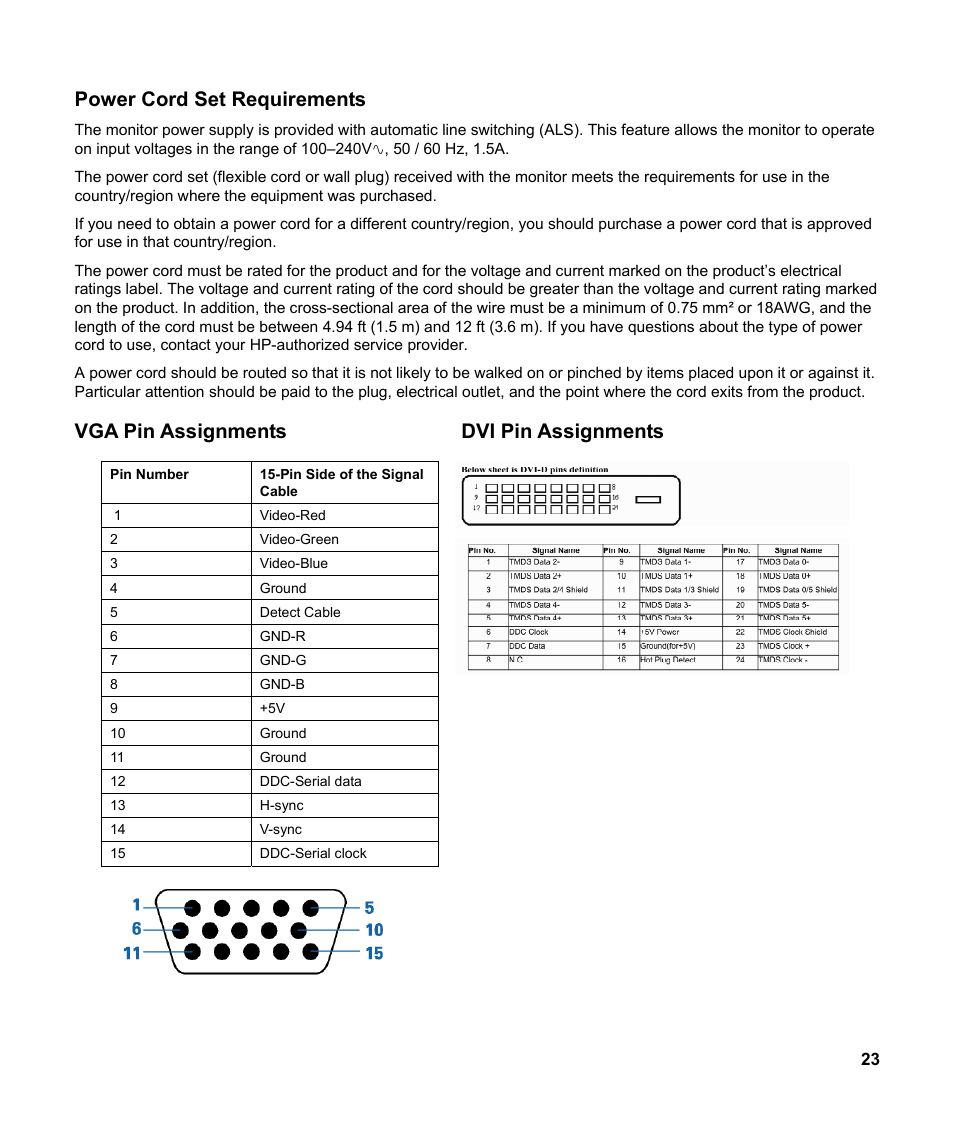 Power cord set requirements, Vga pin assignments dvi pin assignments | HP v185w 18.5-inch Widescreen LCD Monitor User Manual | Page 23 / 31