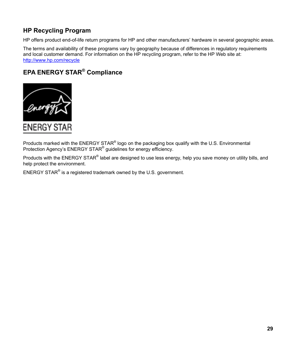 Hp recycling program, Epa energy star, Compliance | HP v185w 18.5-inch Widescreen LCD Monitor User Manual | Page 29 / 31