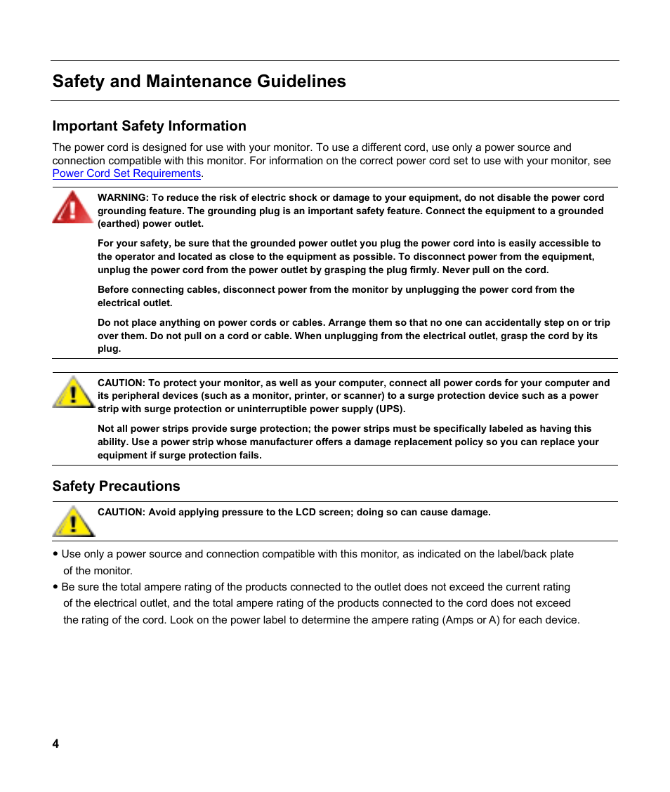 Safety and maintenance guidelines, Important safety information, Safety precautions | HP v185w 18.5-inch Widescreen LCD Monitor User Manual | Page 4 / 31