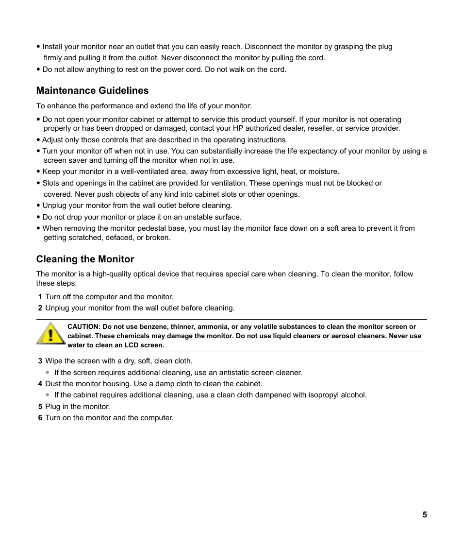 Maintenance guidelines, Cleaning the monitor | HP v185w 18.5-inch Widescreen LCD Monitor User Manual | Page 5 / 31