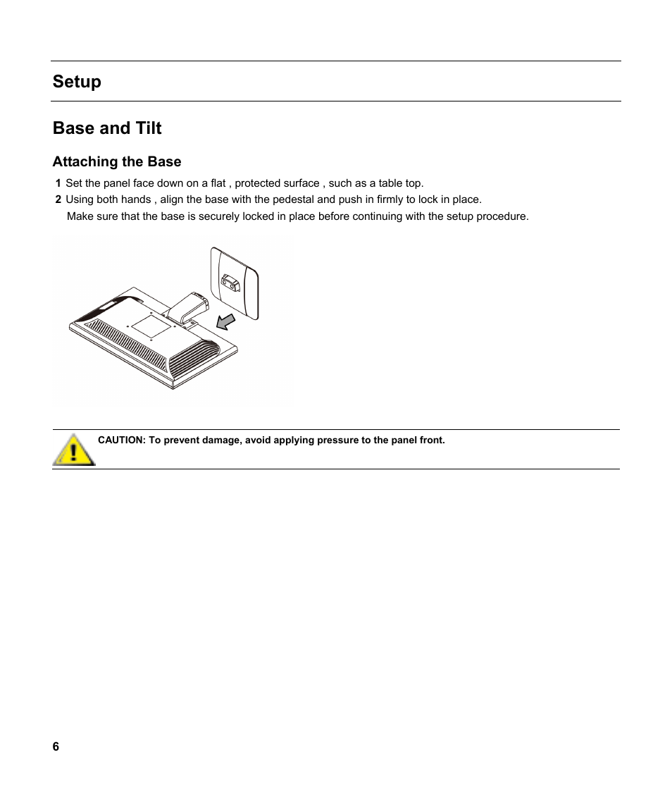 Setup, Base and tilt, Attaching the base | HP v185w 18.5-inch Widescreen LCD Monitor User Manual | Page 6 / 31