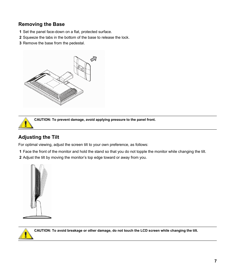 Removing the base, Adjusting the tilt | HP v185w 18.5-inch Widescreen LCD Monitor User Manual | Page 7 / 31