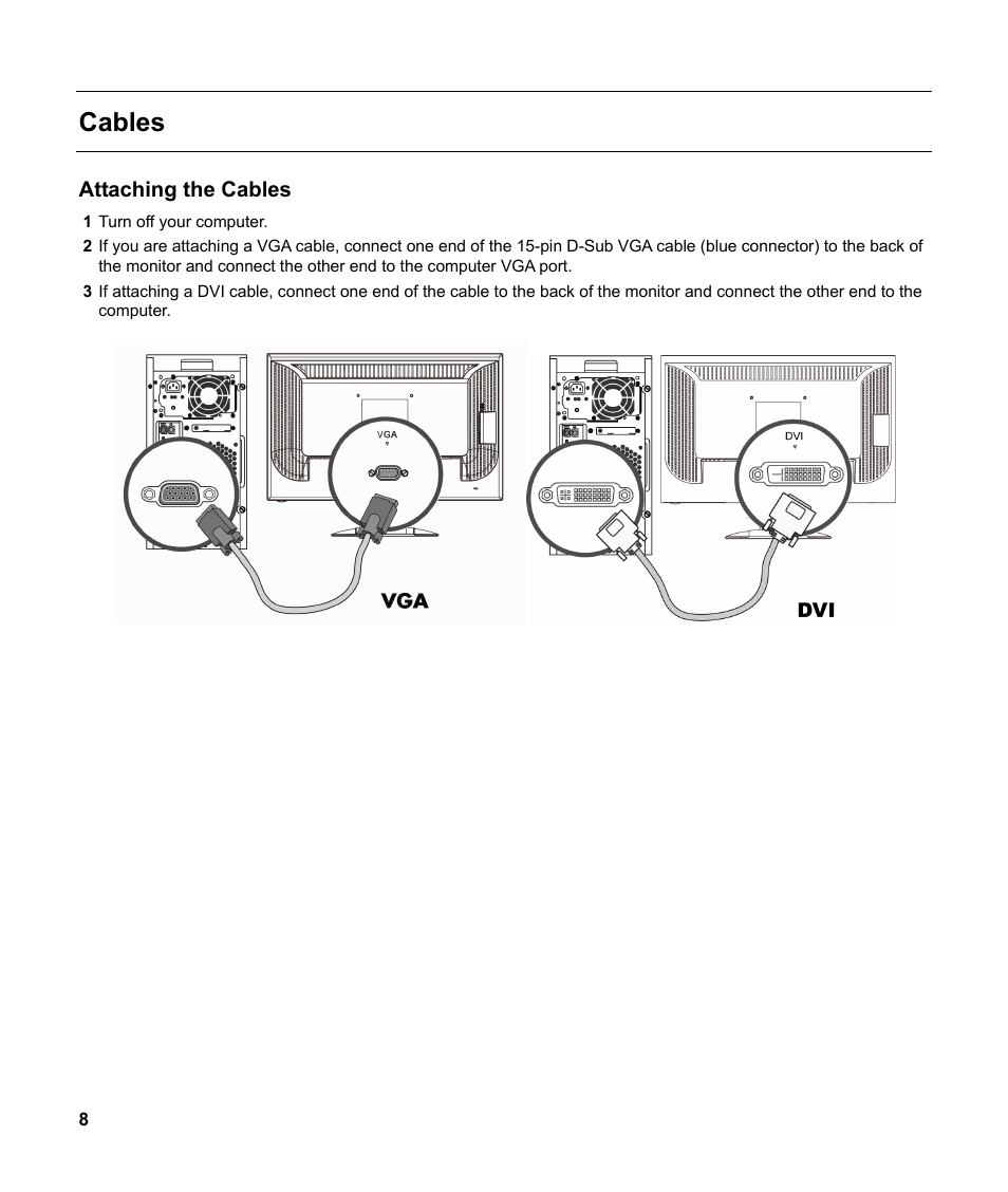 Cables, Attaching the cables | HP v185w 18.5-inch Widescreen LCD Monitor User Manual | Page 8 / 31
