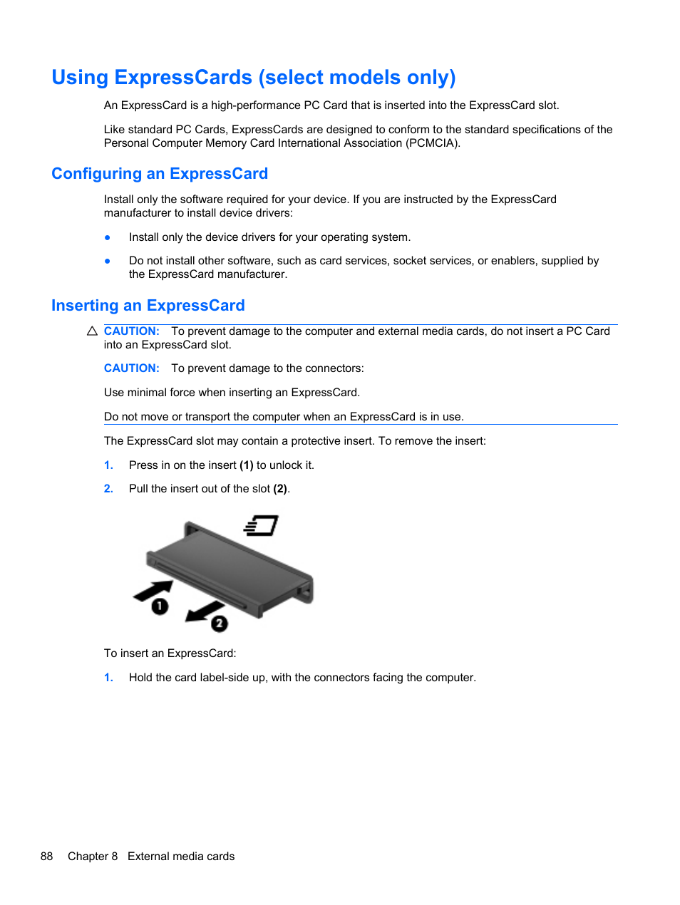 Using expresscards (select models only), Configuring an expresscard, Inserting an expresscard | HP Compaq 320 Notebook-PC User Manual | Page 100 / 161