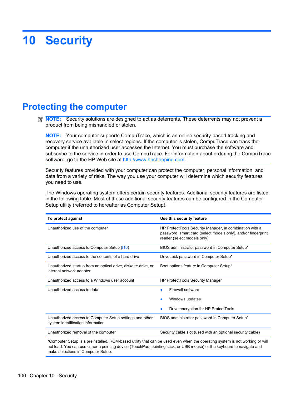 Security, Protecting the computer, 10 security | HP Compaq 320 Notebook-PC User Manual | Page 112 / 161