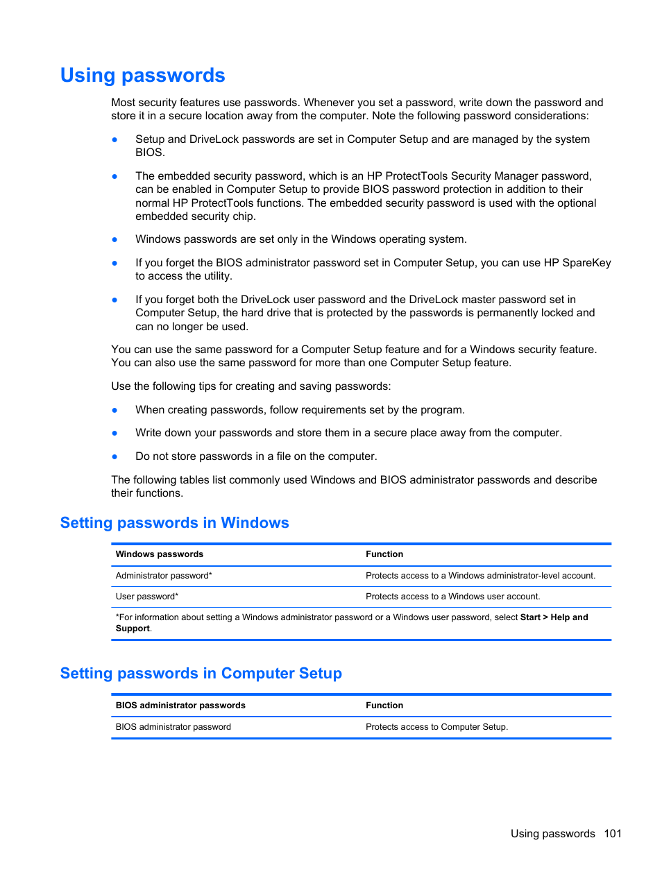 Using passwords, Setting passwords in windows, Setting passwords in computer setup | HP Compaq 320 Notebook-PC User Manual | Page 113 / 161