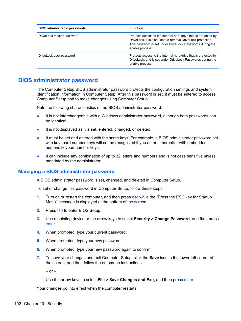 Bios administrator password, Managing a bios administrator password | HP Compaq 320 Notebook-PC User Manual | Page 114 / 161