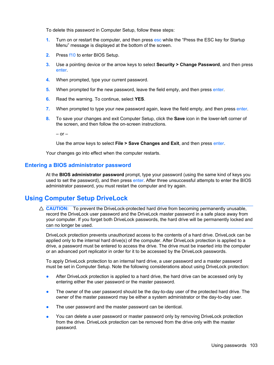 Entering a bios administrator password, Using computer setup drivelock | HP Compaq 320 Notebook-PC User Manual | Page 115 / 161