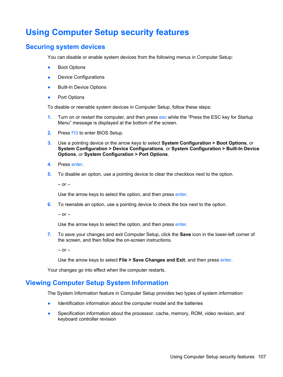 Using computer setup security features, Securing system devices, Viewing computer setup system information | HP Compaq 320 Notebook-PC User Manual | Page 119 / 161