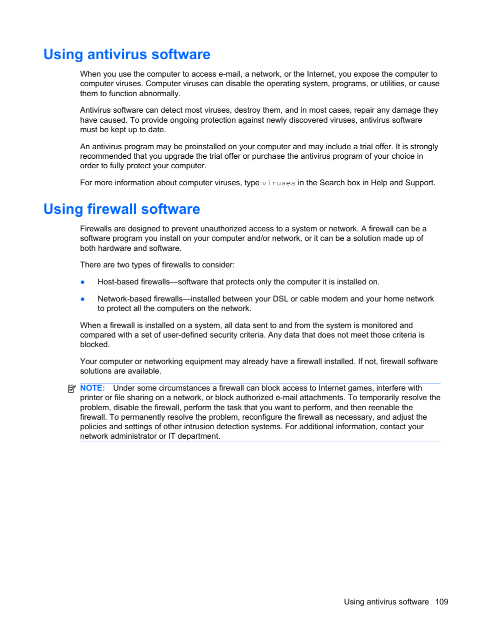 Using antivirus software, Using firewall software, Using antivirus software using firewall software | HP Compaq 320 Notebook-PC User Manual | Page 121 / 161