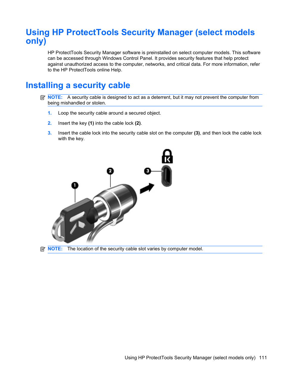 Installing a security cable | HP Compaq 320 Notebook-PC User Manual | Page 123 / 161