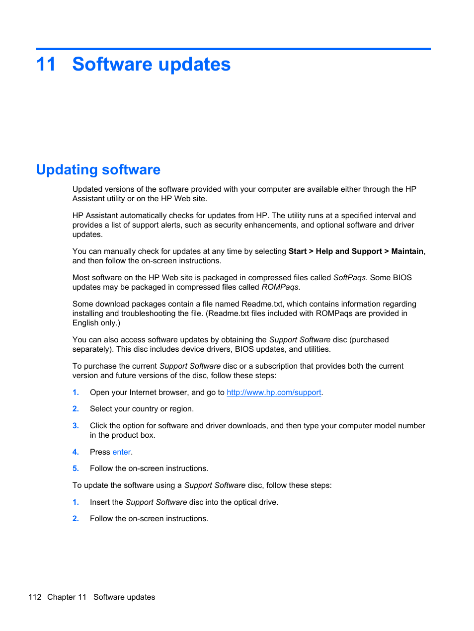 Software updates, Updating software, 11 software updates | HP Compaq 320 Notebook-PC User Manual | Page 124 / 161