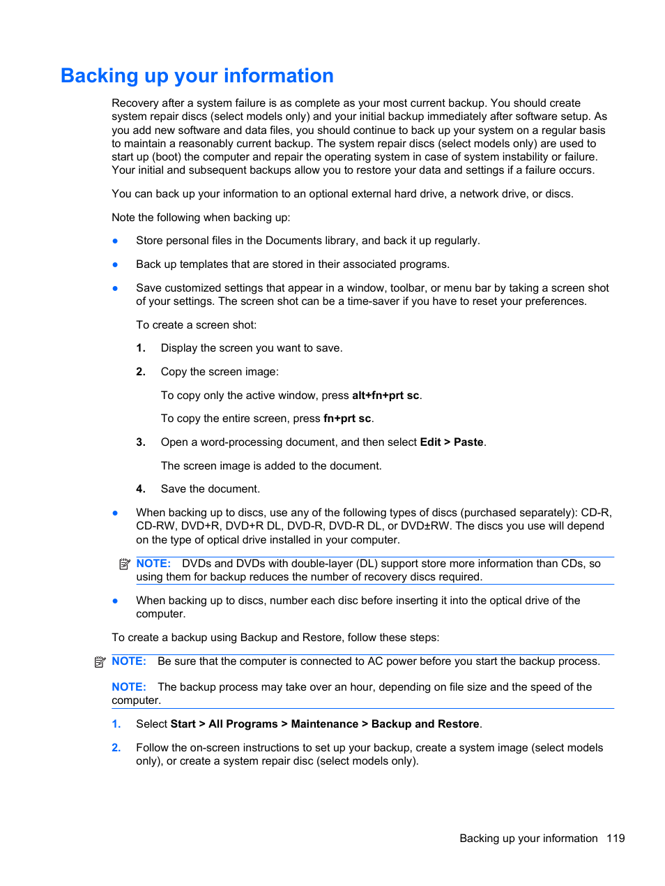 Backing up your information | HP Compaq 320 Notebook-PC User Manual | Page 131 / 161