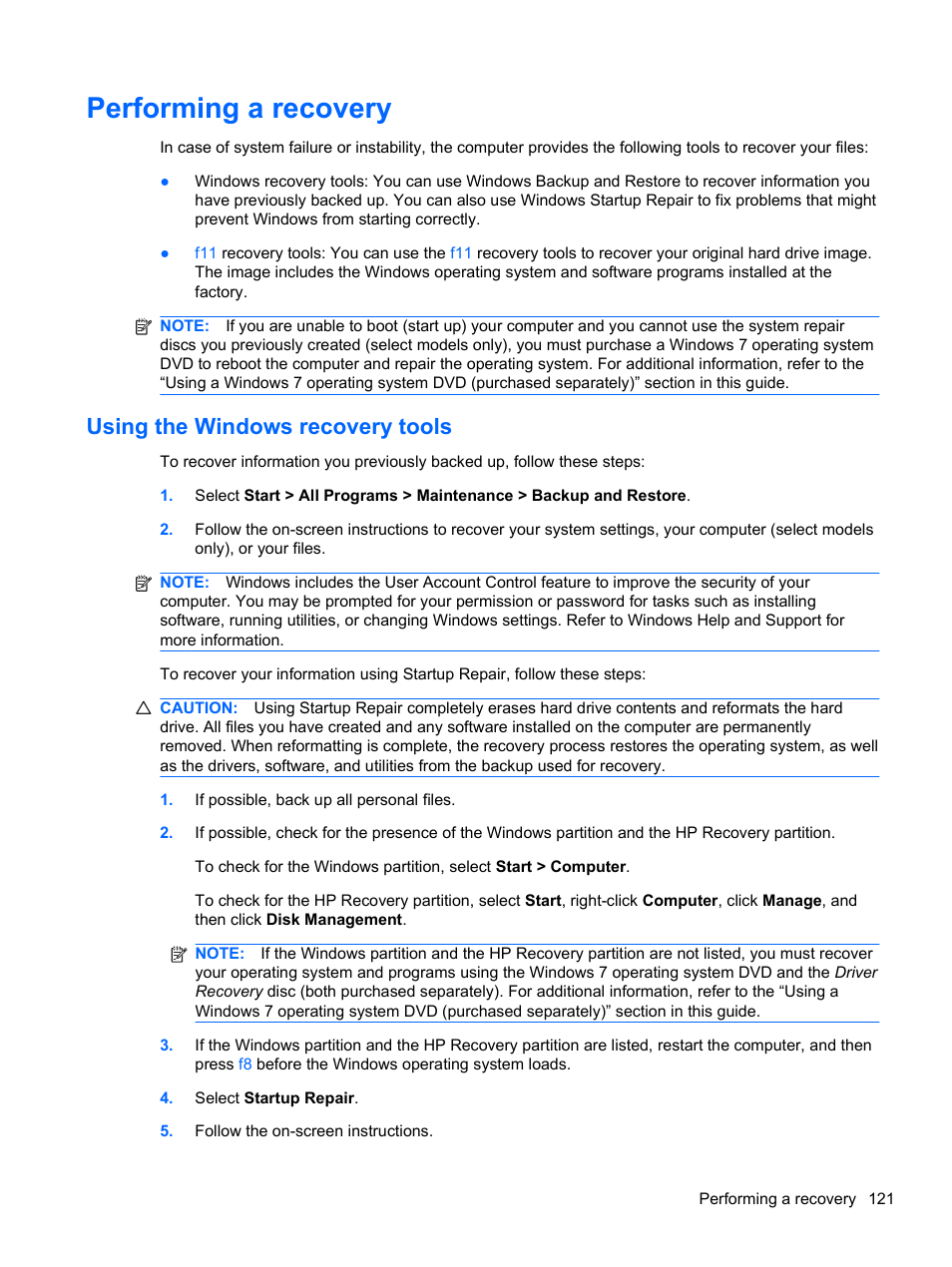 Performing a recovery, Using the windows recovery tools | HP Compaq 320 Notebook-PC User Manual | Page 133 / 161