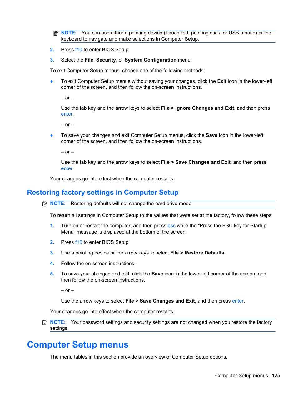 Restoring factory settings in computer setup, Computer setup menus | HP Compaq 320 Notebook-PC User Manual | Page 137 / 161