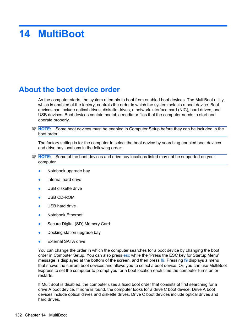 Multiboot, About the boot device order, 14 multiboot | HP Compaq 320 Notebook-PC User Manual | Page 144 / 161