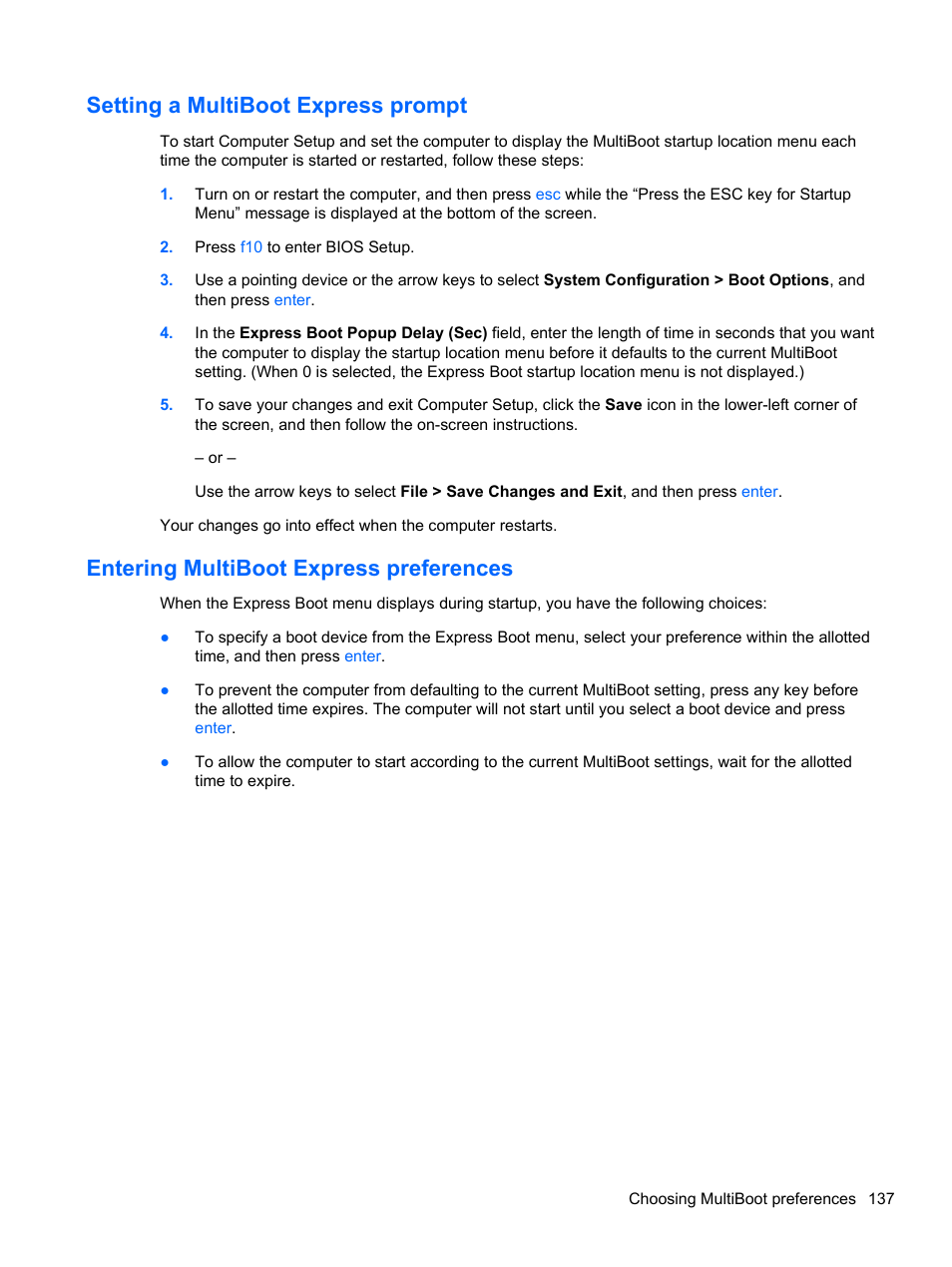 Setting a multiboot express prompt, Entering multiboot express preferences | HP Compaq 320 Notebook-PC User Manual | Page 149 / 161