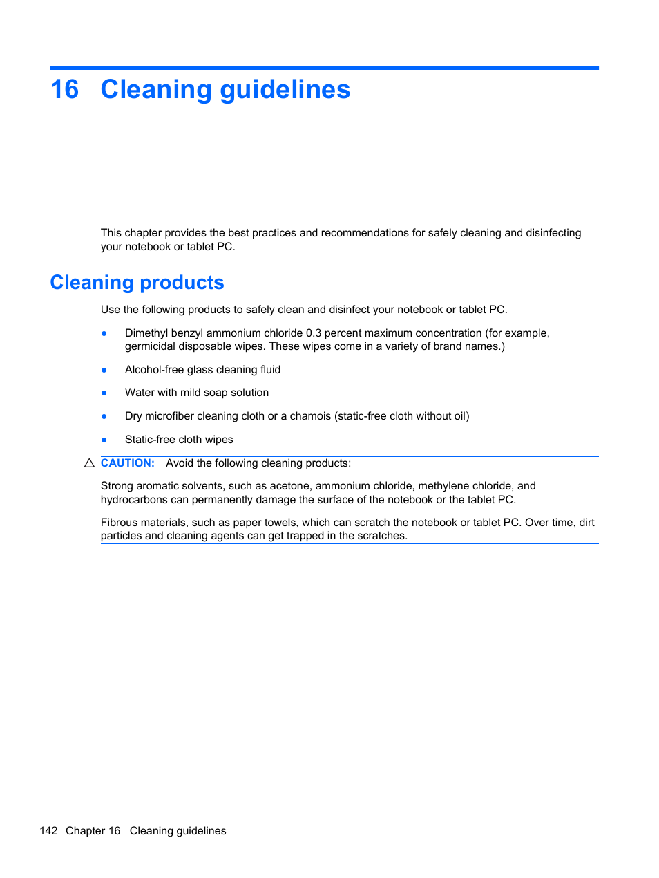 Cleaning guidelines, Cleaning products, 16 cleaning guidelines | HP Compaq 320 Notebook-PC User Manual | Page 154 / 161