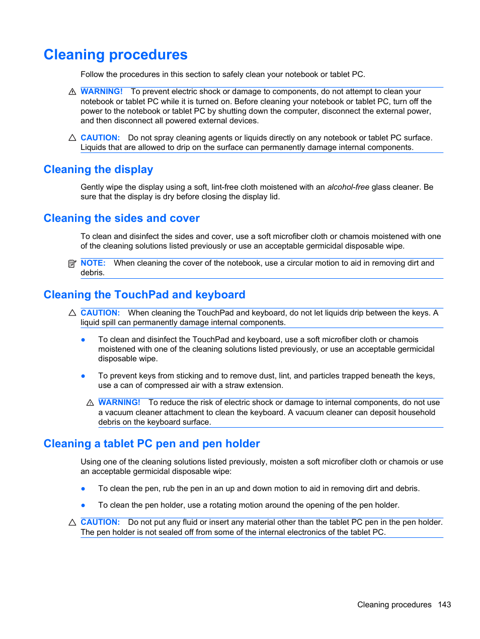 Cleaning procedures, Cleaning the display, Cleaning the sides and cover | Cleaning the touchpad and keyboard, Cleaning a tablet pc pen and pen holder | HP Compaq 320 Notebook-PC User Manual | Page 155 / 161