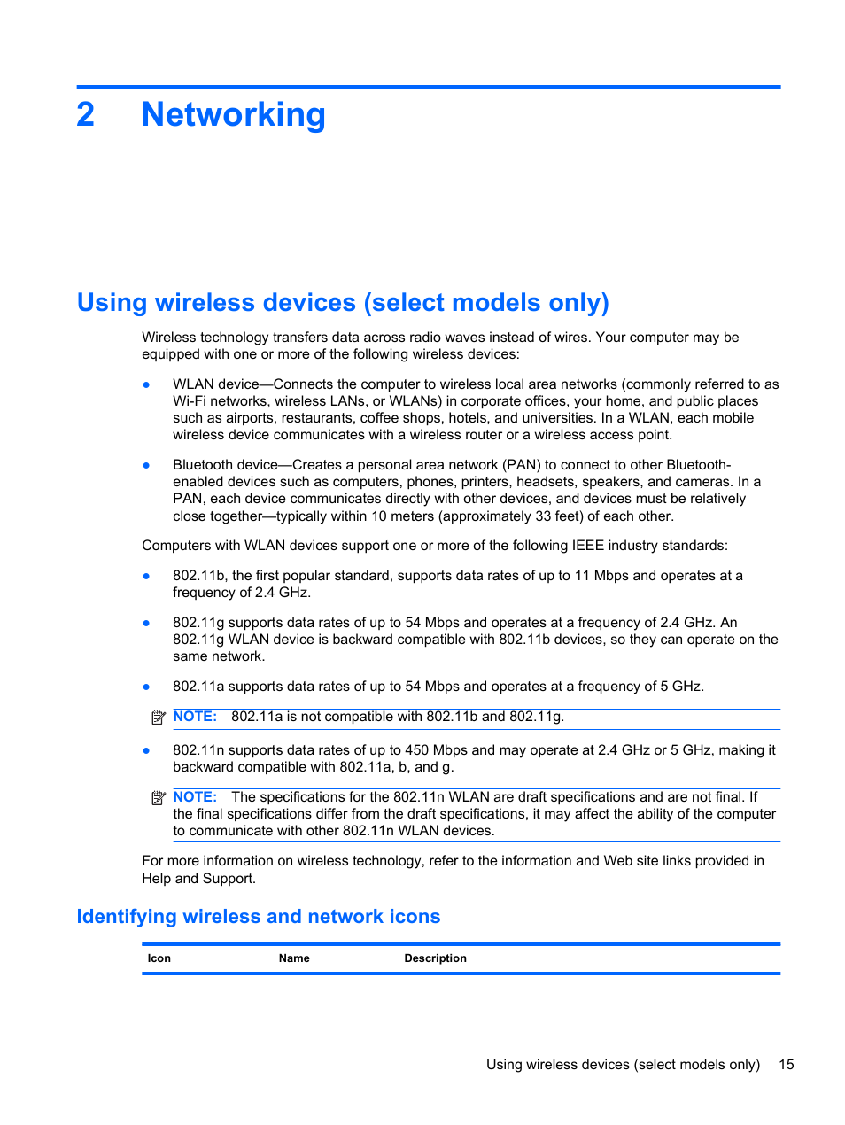 Networking, Using wireless devices (select models only), Identifying wireless and network icons | 2 networking, 2networking | HP Compaq 320 Notebook-PC User Manual | Page 27 / 161